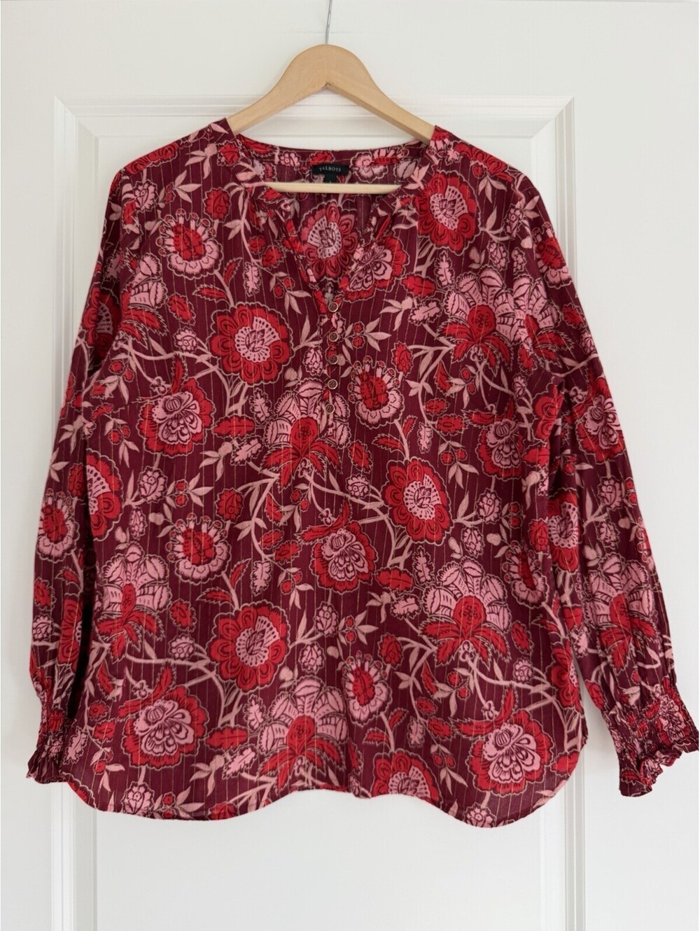Talbots Burgundy Floral Print Metallic Stripe Blouse Size L Romantic Floral Chic